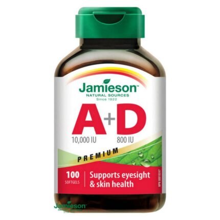 Jamieson Vitamin A+D Premium 100 capsules bottle – vitamin supplement for immune and bone health.